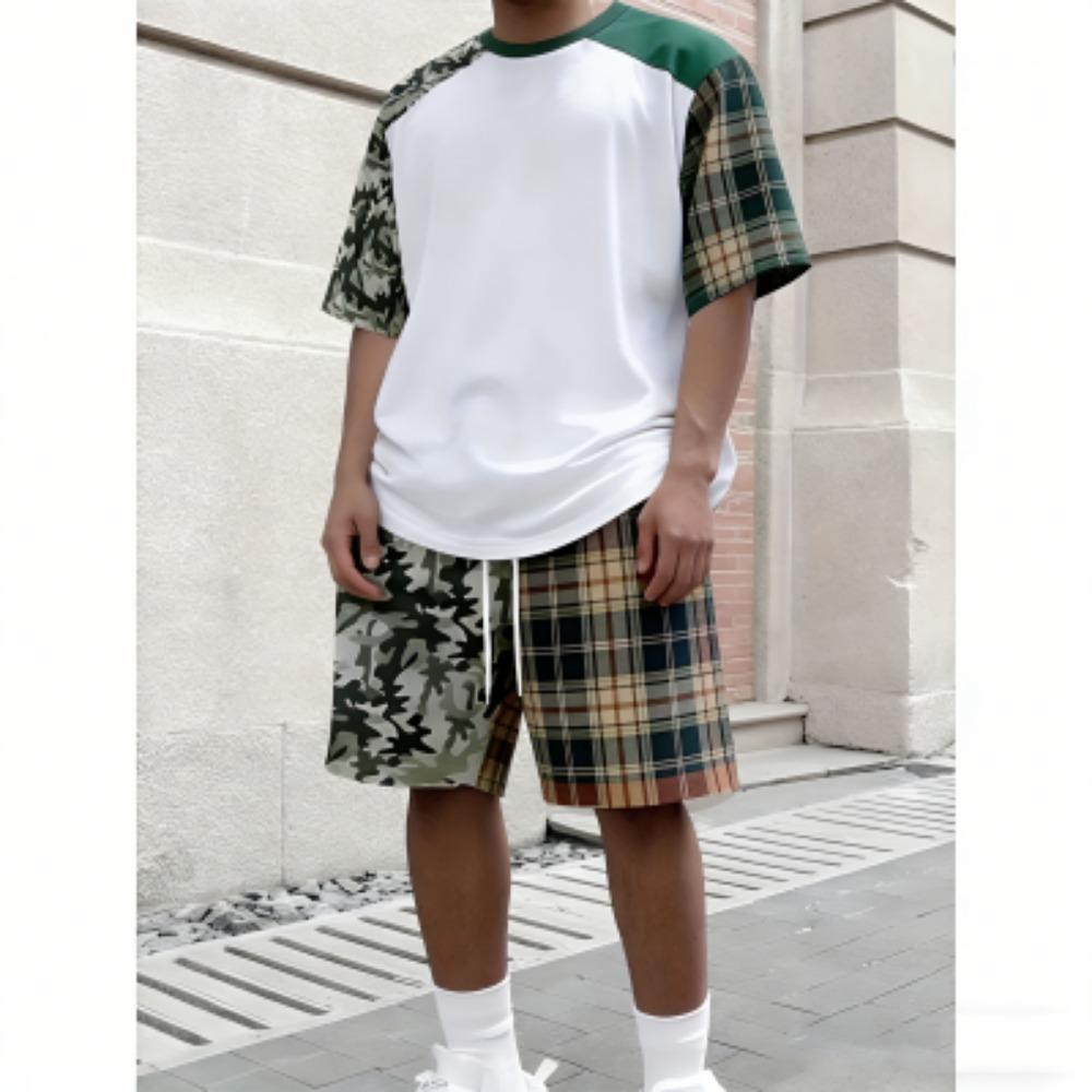 Men's Set Splicing Colors Printed Men's T-shirt and Shorts 2 Piece Set Summer Casual Outdoor Men's and Women's Outfit Clothing