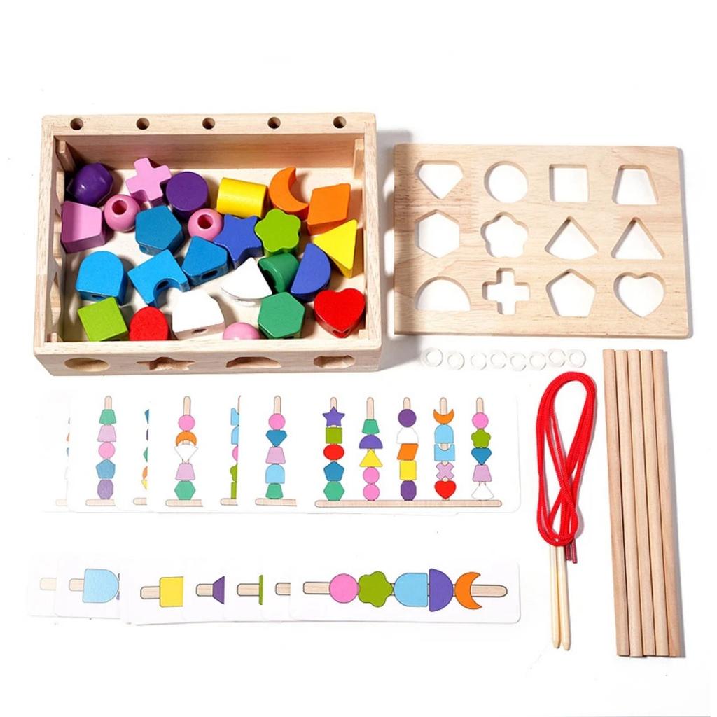 Kids Montessori Wooden Toys Baby Colorful Shape Matching Sleeve Column Beaded Games Cognition Early Education Toys for Children
