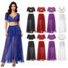 S-XXL Dames Buikdans Top Gouden Rand V-hals Korte Mouw Crop Top Elastische Taille Ruches Zijsplit Wapperende Chiffon Rok Set