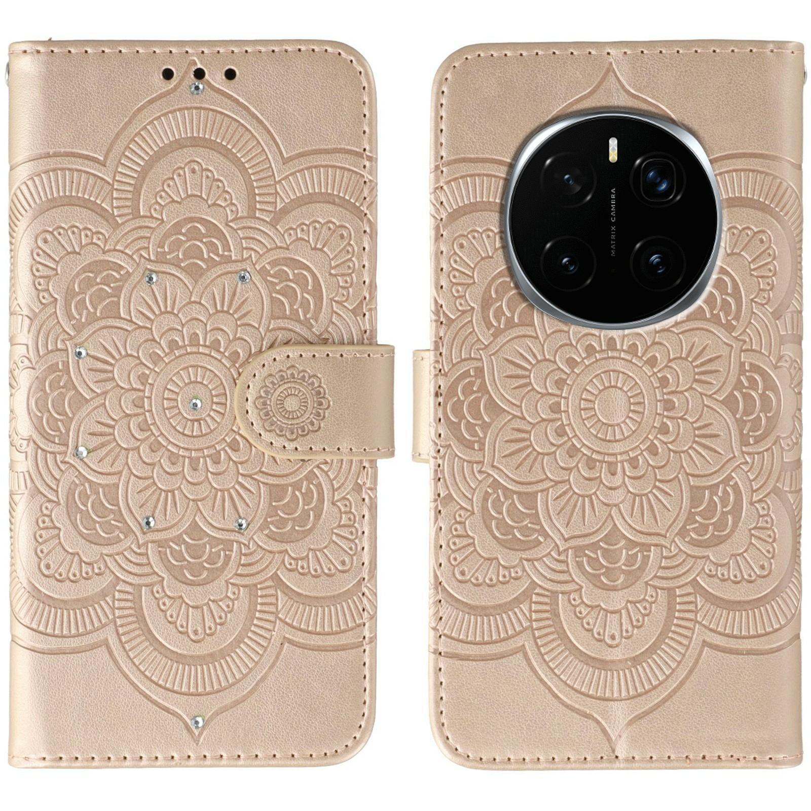 

For Honor Magic7 Pro 5G Case Rhinestone Decor PU Leather Mandala Imprinted Design Phone Cover with Wrist Strap Rose Gold
