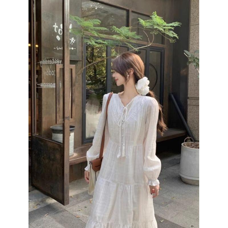 Kumikumi Elegant White Long Sleeves Dress Women's Autumn Gentle A- line Skirt Slimming Fairy Lady Skirt Long Skirt