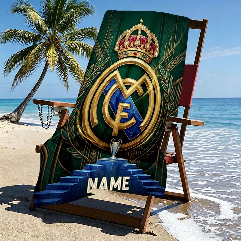 Custom Name Personalized Real Madrid CF Print Beach Towel, for Trip Camping Beach Party Home Decor, Birthday Gift for Family & Friends