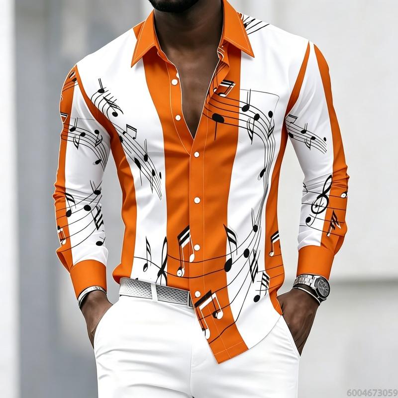 Men's Collared Shirt with Creative Musical Note Print, Trendy Long-sleeved Casual Top for Everyday Wear, Dates, and Outings.