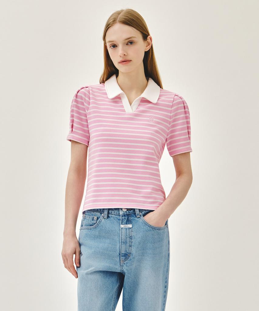 Malittepeulangsowajeobeo W Collar Stripe Half Sleeve Crop Sweatshirt Pink