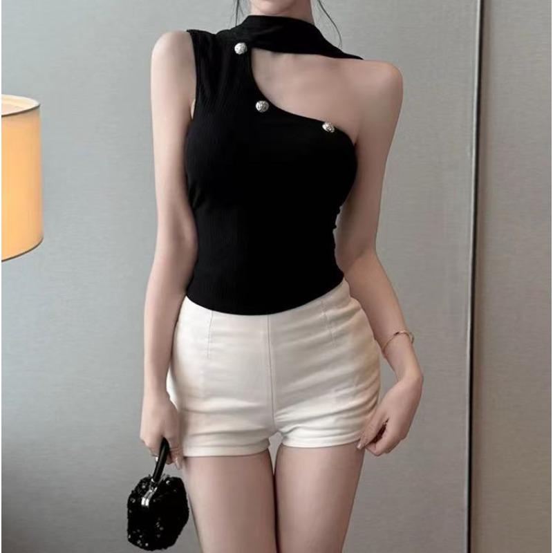 Women's Knitted Halter Tank Top Summer Slim-Fit Layering Top with Stylish Design Short-Sleeve Outerwear