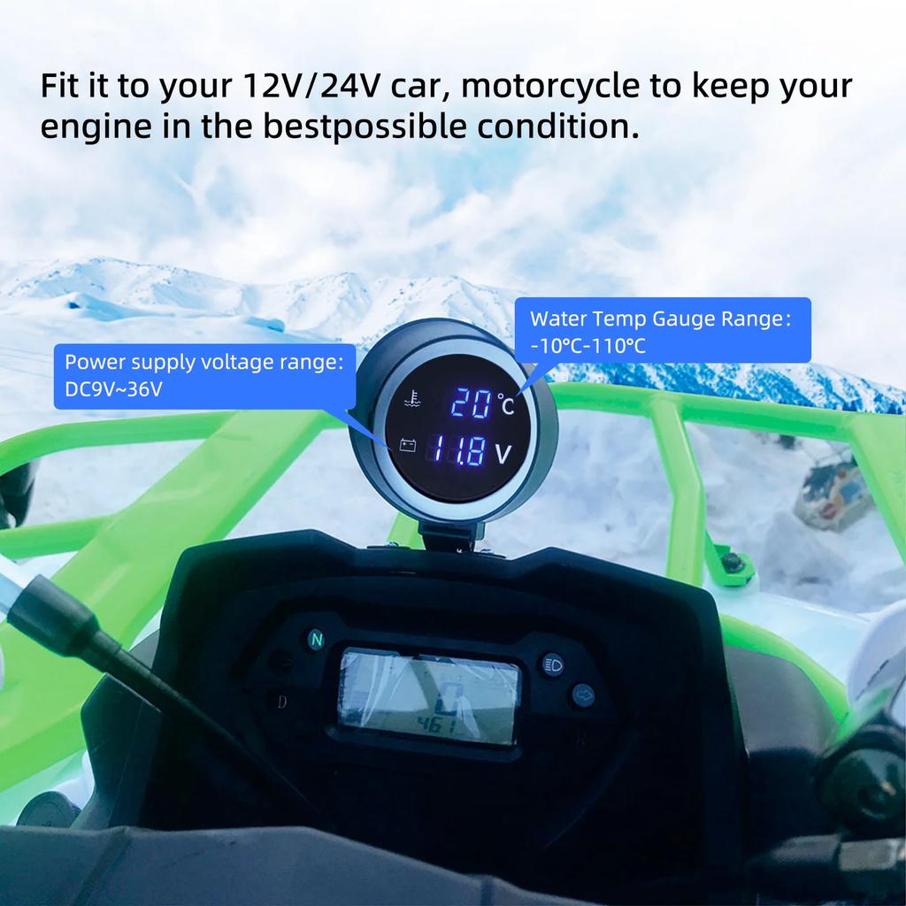2 In 1 Round LED Digital Water Temp Gauge Voltmeter Volt Voltage Meter Temperatura Moto For 12V24V Car Truck Temperature Sensor