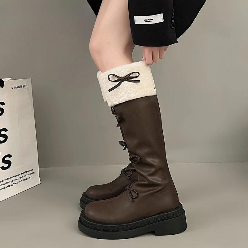 Autumn Winter Short Plush Woman Knee High Boot Fashion Butterfly-knot Knight Long Booties botas feminino