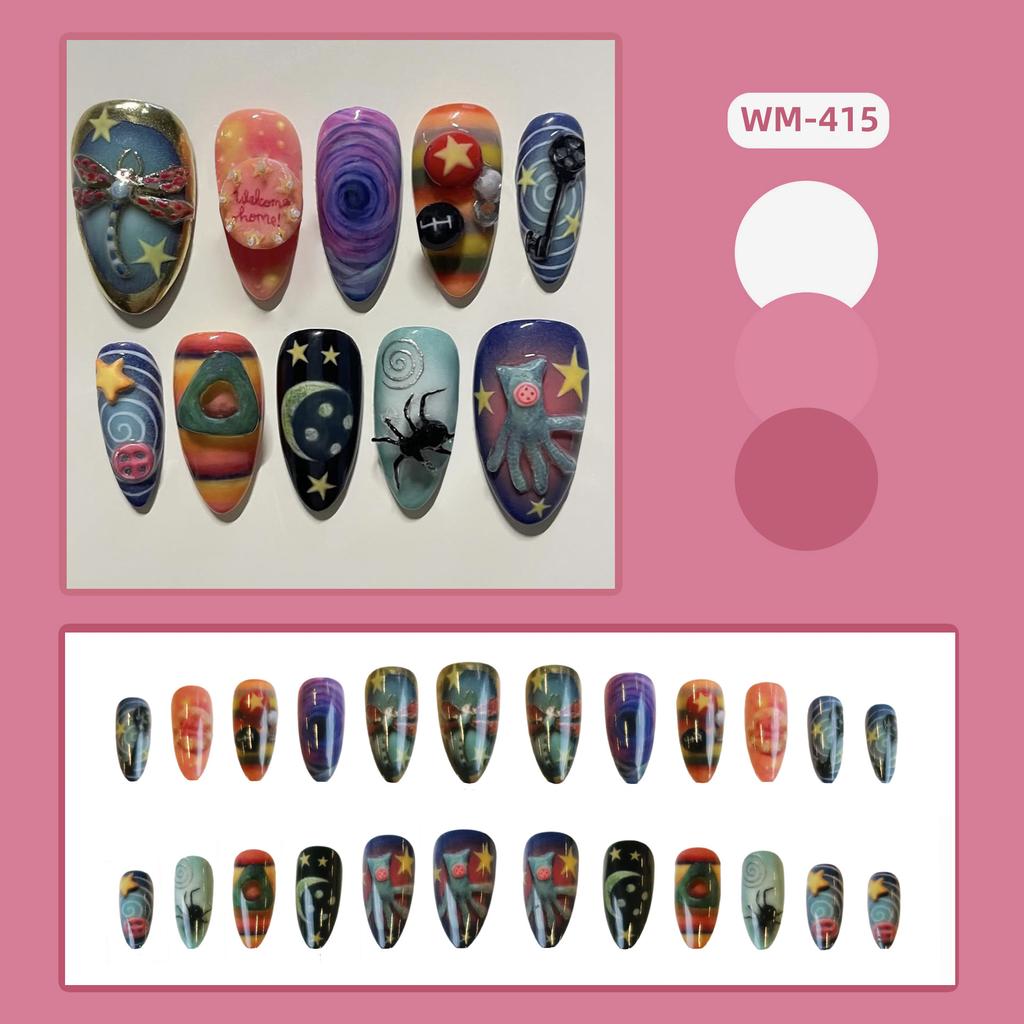 24pcs Fashion Almond Press on Nails 2D Starnight Printed False nails European Fairy Tales Style Fake Nail Patches Wearable