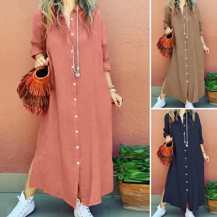

Women Loose Lapel Long Sleeve Cardigan Dress with Contrast Button S хаки