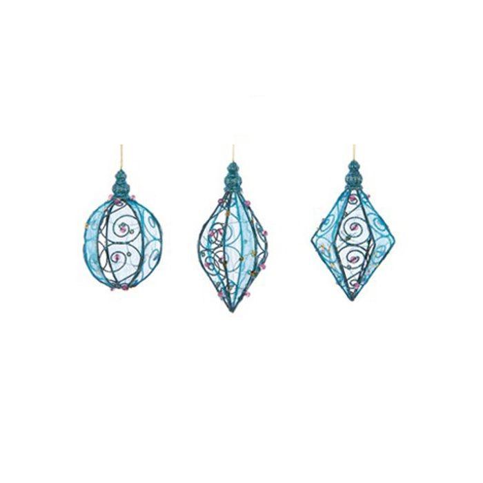 3 boules en metal et velours bleu et rose decoration noel