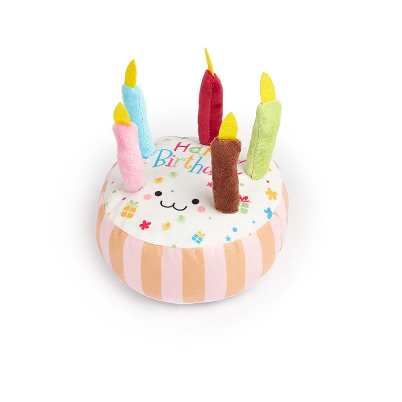 Happy Birthday Cake Plush Dog Toy, Squeaky Stuffed Candle Chew Toy for Small Medium Dogs, Pet Birthday Gift