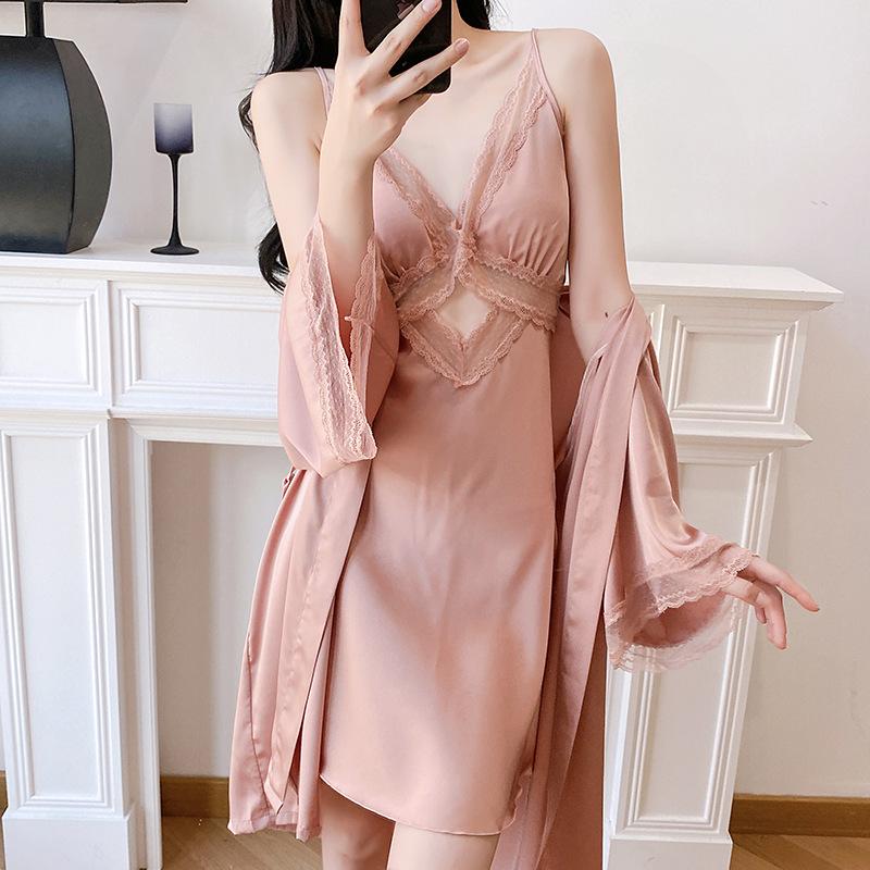 Pajama set, nightdress, ice silk suspender nightgown, women's summer sexy solid color large size lace two-piece set, spring and summer