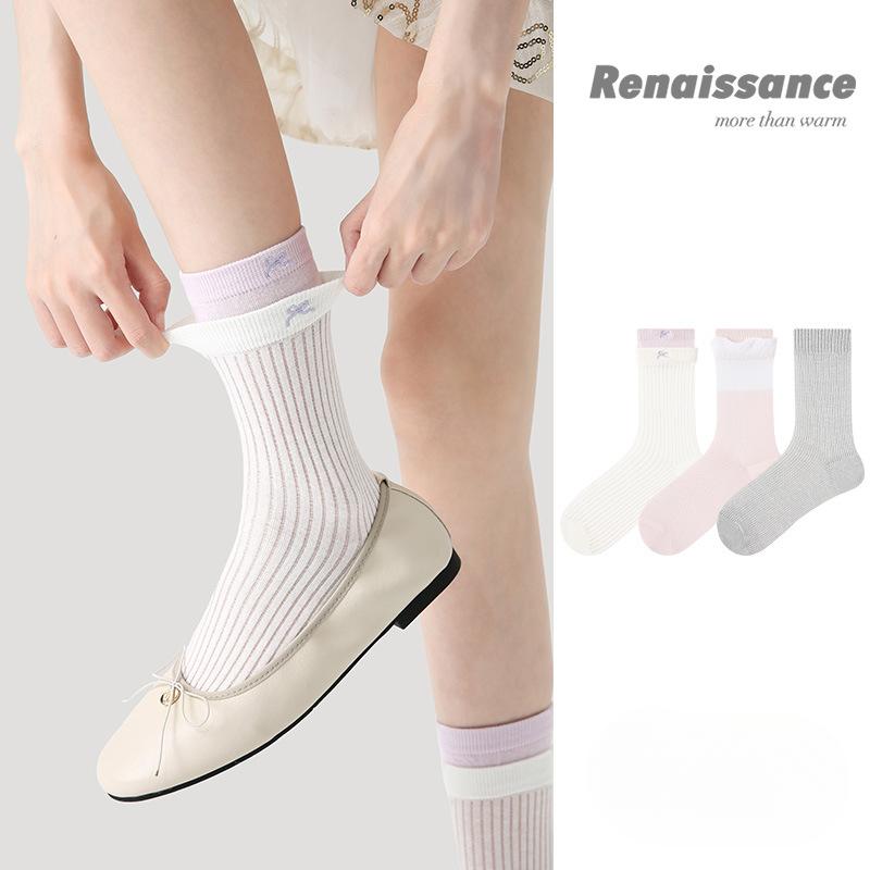 3 Pairs of Women's Spring and Summer Candy Color Splicing Mesh Breathable Hollow Tube Socks