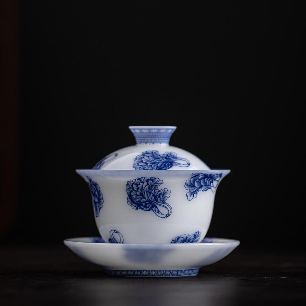 Ice Jade Porcelain Blue & White Gaiwan Tea Set with Gong Dao Bei & Strainer - 3-Piece Kung Fu Style