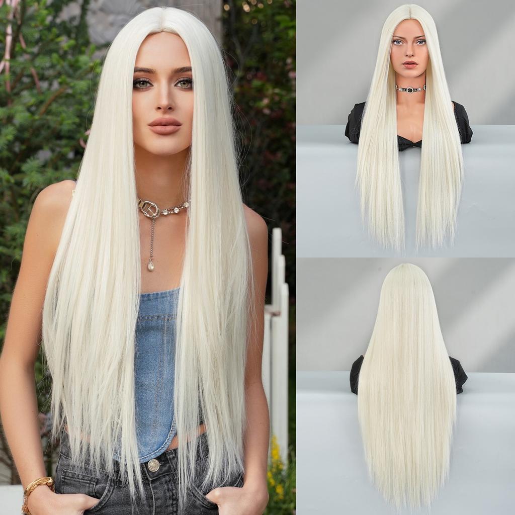 Women’s Extra Long Straight Blonde Wig Middle Part Nordic Ombre Color European and American Style Synthetic Full Wig