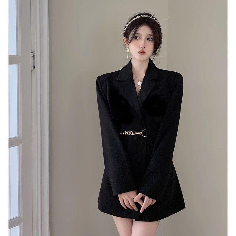 Women's High-End French Black Belted Autumn Suit Dress - Waist-Slimming Long Sleeve Blazer.