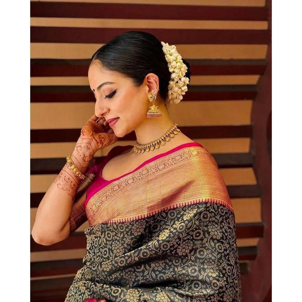 New Launch – Elegant Soft Lichi Silk Saree with Rich Jacquard Weaving & Contrast Blouse Elegance