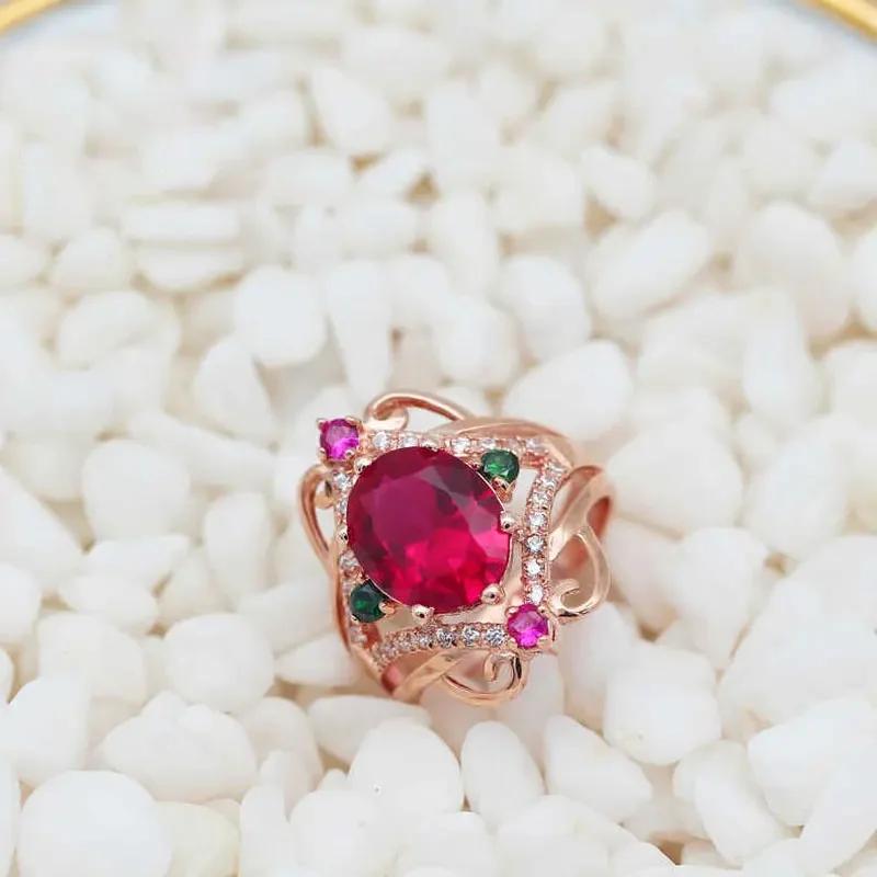Inspiration Color Crystal Rhombus Ruby Rings for Women with Plating Rose Golden Fashionable Luxury Engagement Ring Zircon