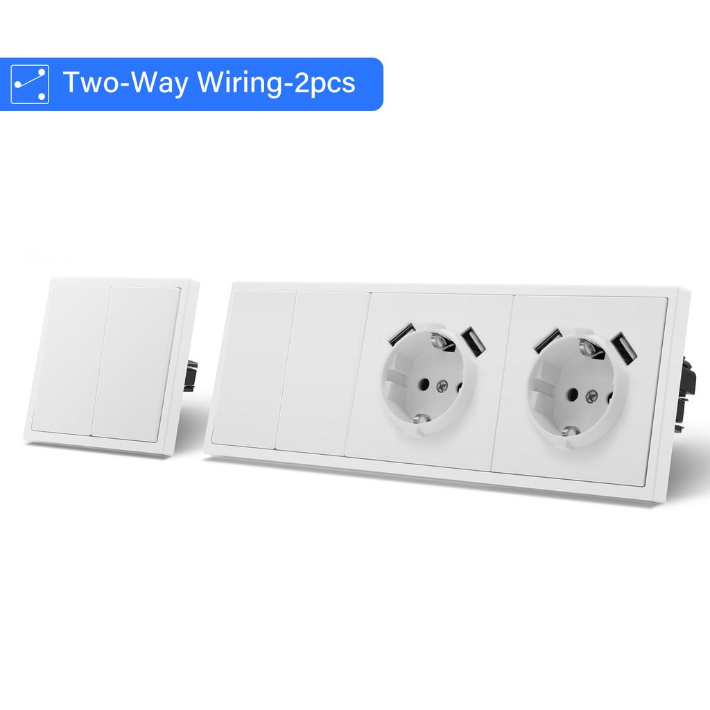 BSEED 1/2Gang Wall Light Switches 2Way Control For Stairs Bedroom With EU Standard Power Socket USB Type-c Plastic Frames 2Pack
