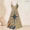 Women Plus Size Two Piece Set Strappy V Neck Flared Dress Short Sleeve Open Cardigan Printed Star Moon Pattern Beige Navy Red