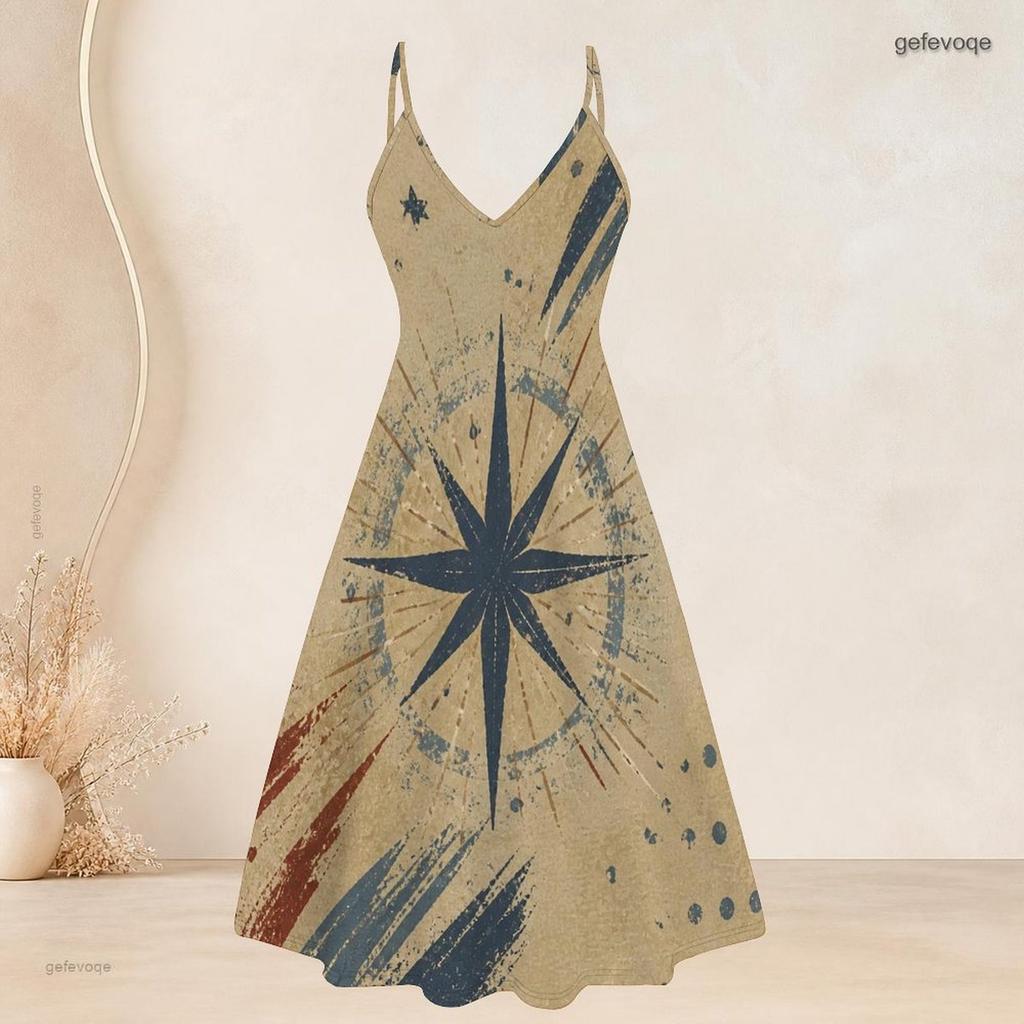 Women Plus Size Two Piece Set Strappy V Neck Flared Dress Short Sleeve Open Cardigan Printed Star Moon Pattern Beige Navy Red