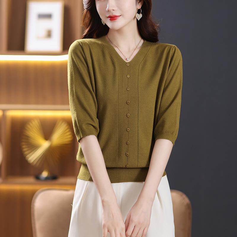 

Летне-осенний пуловер с V-образным вырезом, однотонный вязаный топ, женский свитер с рукавом 3/4, однотонная вязаная футболка onesize темно-зеленого