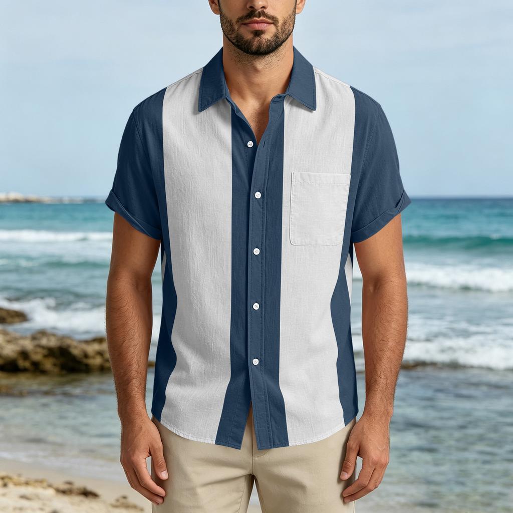 Men Short Sleeve Casual Button Down Shirt Relaxed Fit Lightweight Fabric Vertical Stripe Pattern Lapel Collar Pocket Design