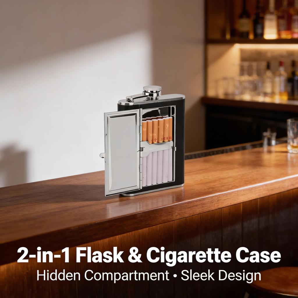 Premium 6oz 2-in-1 Hip Flask & Cigarette Case Holder | Stainless Steel Pocket Whiskey Bottle | Discreet Travel Gift Set