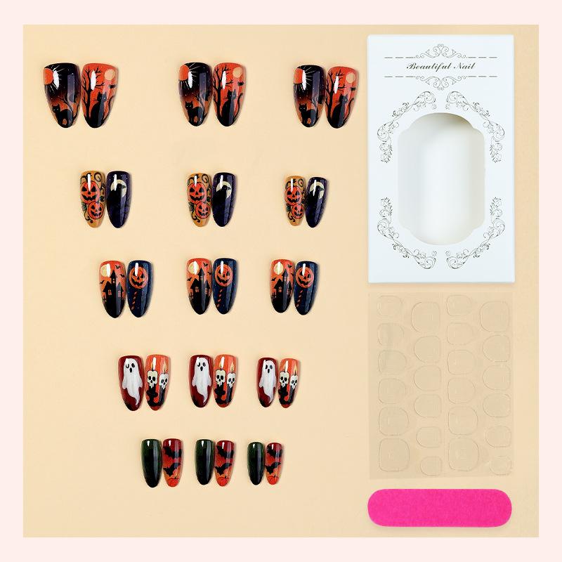 Halloween Pumpkin Ghost Black Cat Almond Press On Nails, Gothic Witch House Bat Reusable False Nail Kit with Adhesive Tabs Nail File