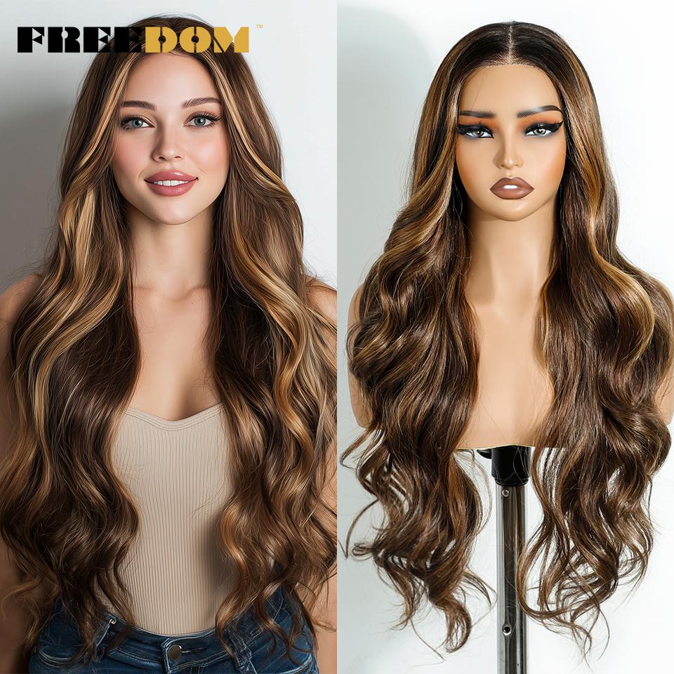 

FREEDOM Synthetic Lace Front Wigs For Woman Long Body Wave 6x4 Lace Wig Ombre Brown Pre Plucked Pre Cut Wear and Go Glueless Wig (as the picture,28inches)