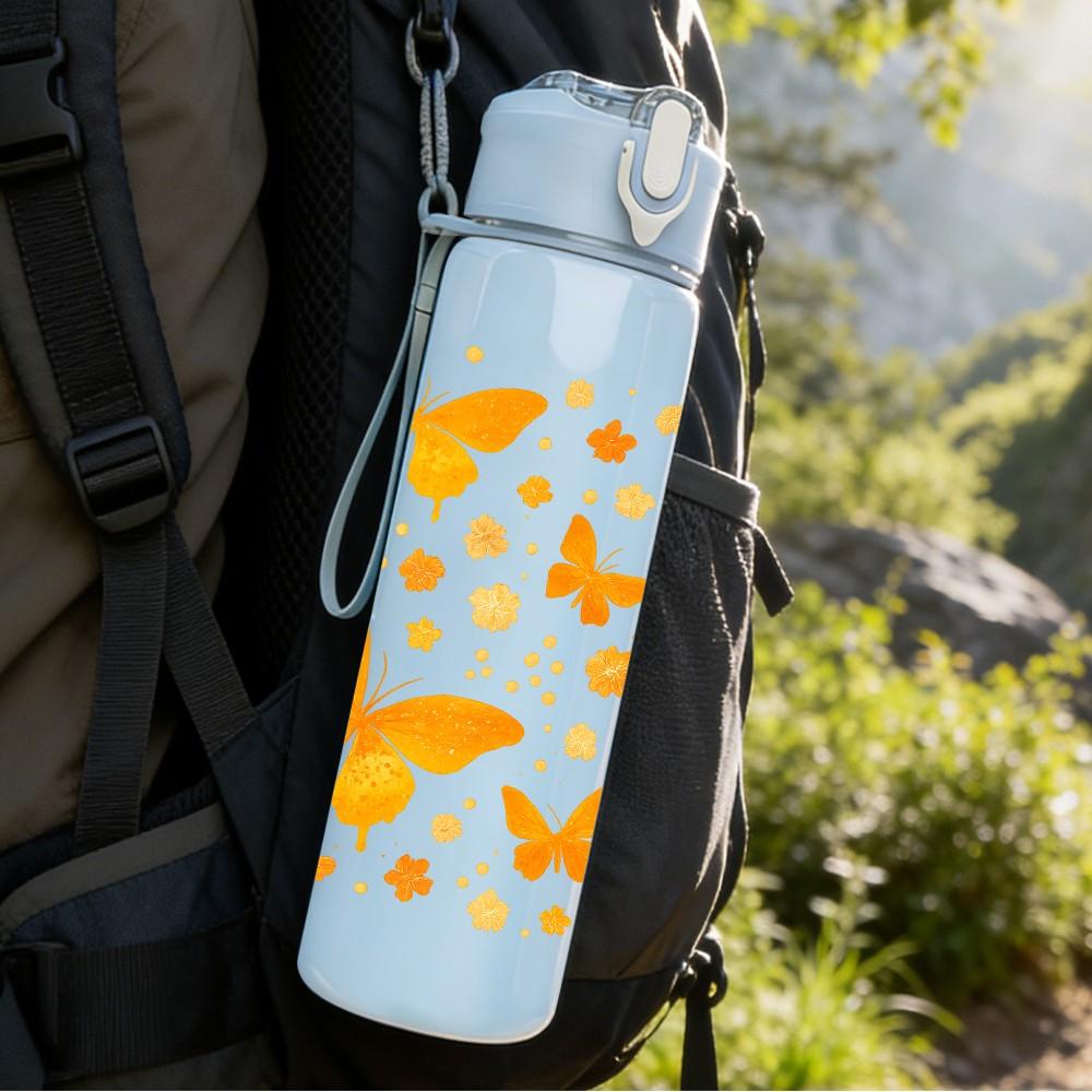 1PC Orange Butterfly Floral Pattern Print 750ml Color Plastic Sports Water Bottle Leakproof Flip Straw Lid Suitable for Sports Office Home Use