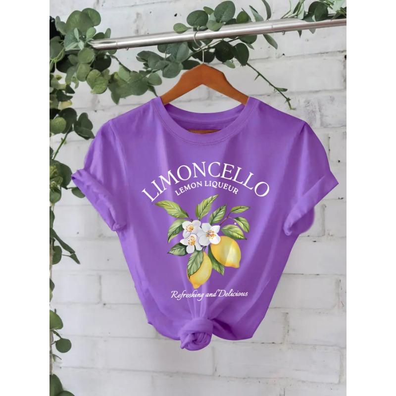 

Летняя футболка из чистого хлопка с короткими рукавами и круглым вырезом с принтом лимонного узора M темно-фиолетового
