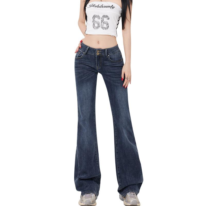 American retro low-rise Spice Girl flared pants spring new embroidered elastic slim slim jeans women's pants
