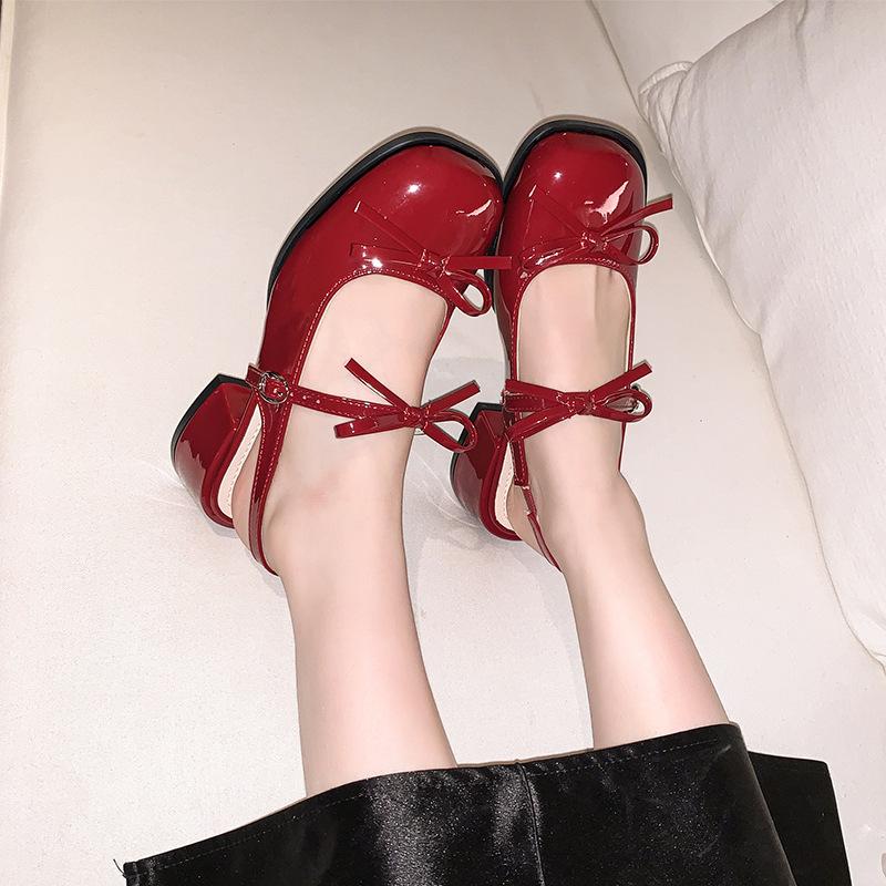 Fashion Hot Selling 2025 Block Heel Sandals  New Round Toe Shallow Mouth Bow One Strap Anti-slip Wear-resistant Wrapped Toe Kitten Heels