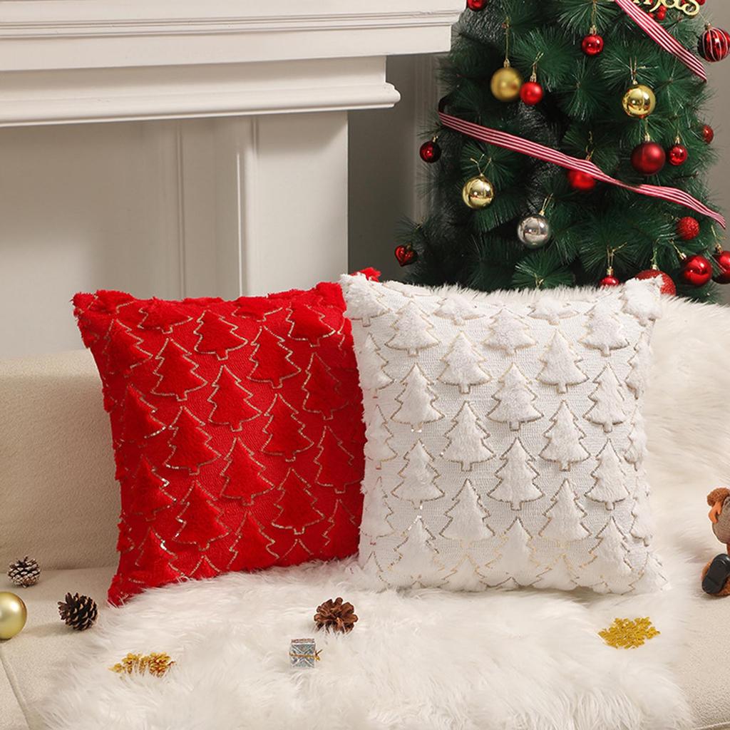 45x45cm Christmas Tree Flannel Throw Pillow Cover Soft Faux Fur Holiday Decor for Sofa Bedroom Home Xmas Gift