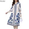 ZANZEA Women Ethnic Print Casual V-Neck 3/4 Sleeve Loose Dress