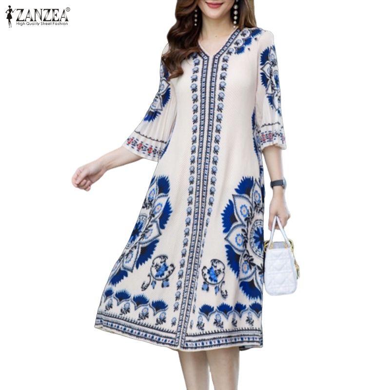 ZANZEA Women Ethnic Print Casual V-Neck 3/4 Sleeve Loose Dress