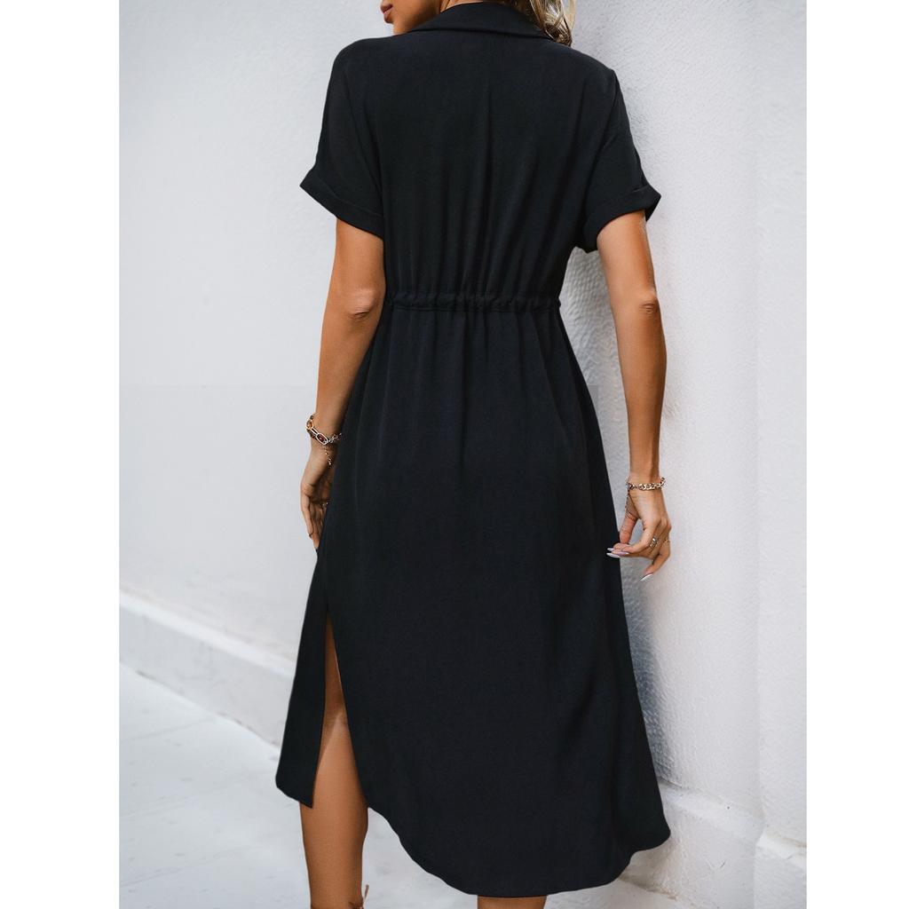 Women's Casual And Fashionable Solid Color V-Neck Pocket Button Drawstring Short Sleeved Dress