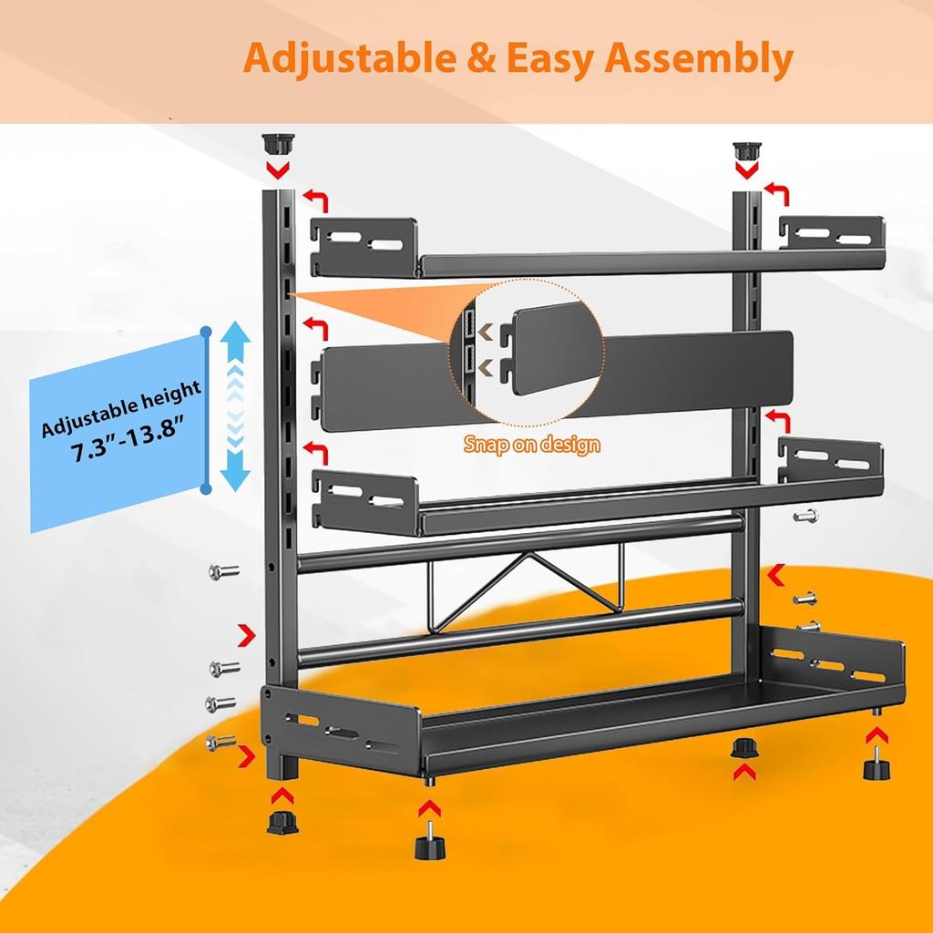 Ράφι Αποθήκευσης Μπαχαρικών 3 Επιπέδων για Πάγκο Ρυθμιζόμενη Οργάνωση Μπαχαρικών για Ντουλάπι Οργανωτής Κουζίνας Μεταλλικό Ράφι Μαύρο
