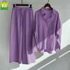 Women's Retro Plus Size Cotton Linen Shirt and High Waist Wide Leg Pants Two-Piece Set 2025