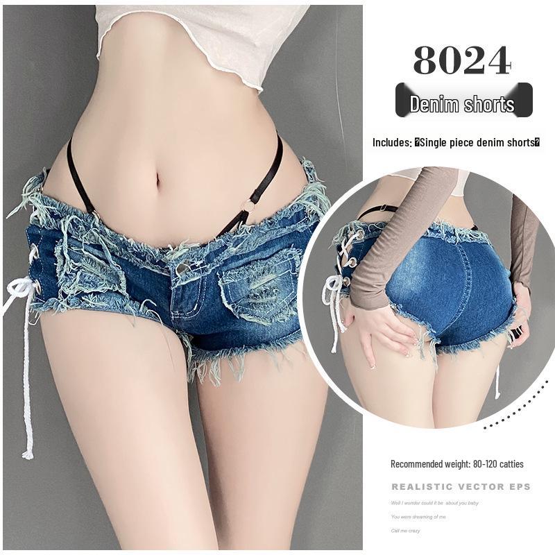 Ripped Denim Open-Crotch Shorts - Sexy Low-Waist Lingerie for Nightclub Temptation