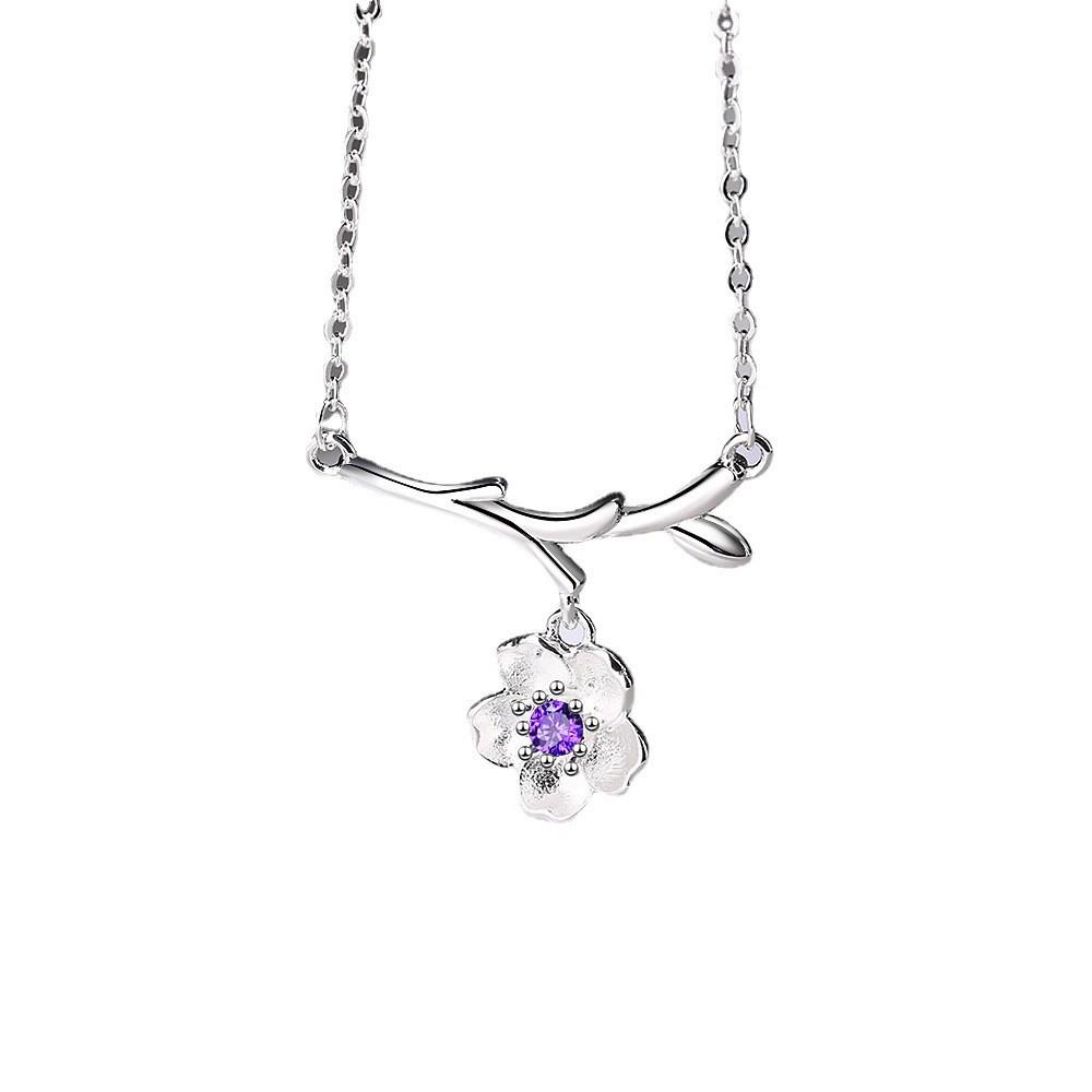 

Korean Fashion Sakura Flower Branch Rhinestone Necklace - Trendy Silver Collarbone Chain for Women, Customizable Jewelry.