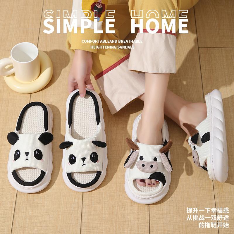 Krowa żaba panda len otwarte kapcie domowe halowe urocze na podłogę gruba podeszwa wygodne męskie i damskie zwierzęcy materiał