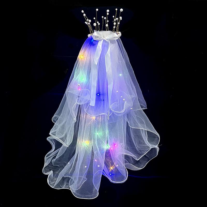 Beleuchteter Quasten-Krone-Schleier mit Perlen und Schleifen-Kopfschmuck