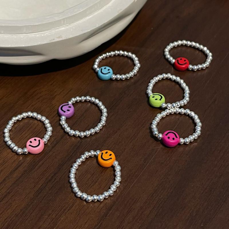 Trendy Korean Colorful Smiley Face Silver Bead Ring For Women Fashion Jewelry