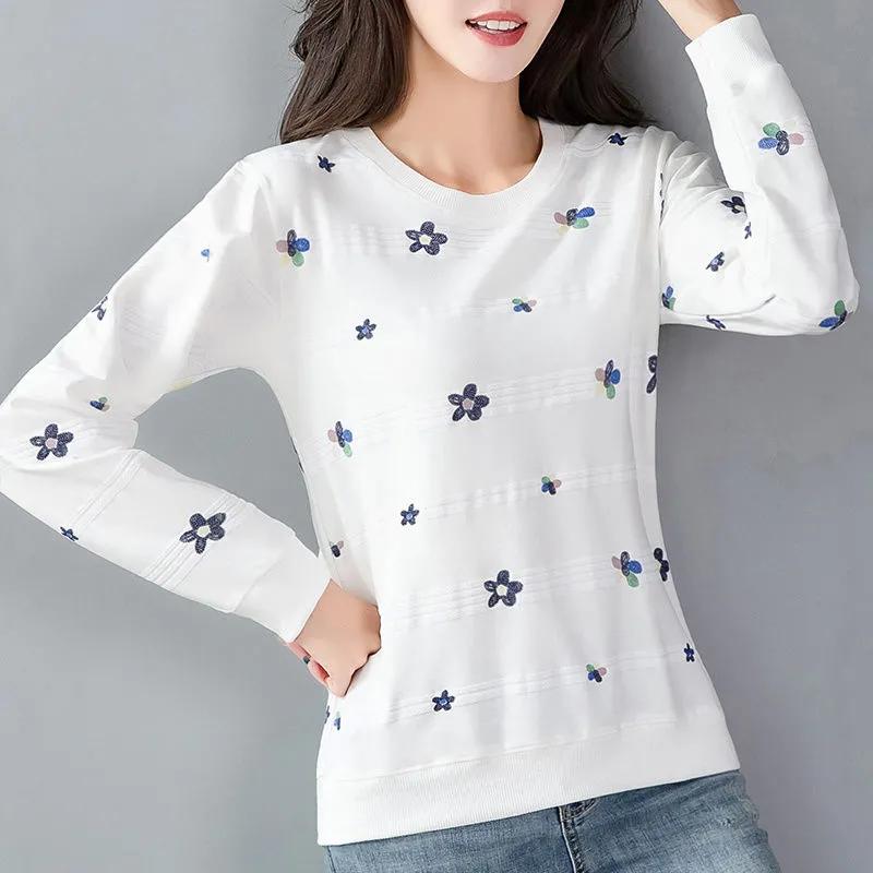 Women's Spring/Fall Long-Sleeve Printed Sweatshirt Round Neck Korean Style Slimming Top