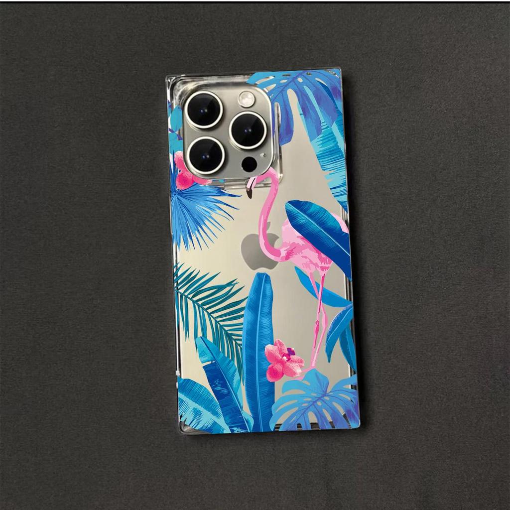 Clear Square Back Tube Case Protection For iPhone 11 15 Plus 14 Pro Max 13 16 ProMax 12 Anti-Oxygen,Blue Leaf Flamingo Pattern Casing