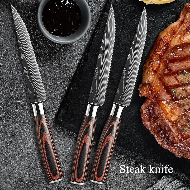 Western Steak Knife Damascus Pattern Stainless Steel Serrated Carving Knife Multi-functional Restaurant Tableware Chef's Knife