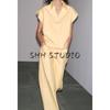 Cotton Blend Lapel Sleeveless Drop Shoulder Design Loose Vest 5216065 Mid Waist Wide Leg Trousers 5216064