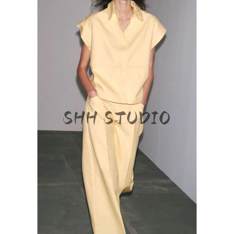 Cotton Blend Lapel Sleeveless Drop Shoulder Design Loose Vest 5216065 Mid Waist Wide Leg Trousers 5216064